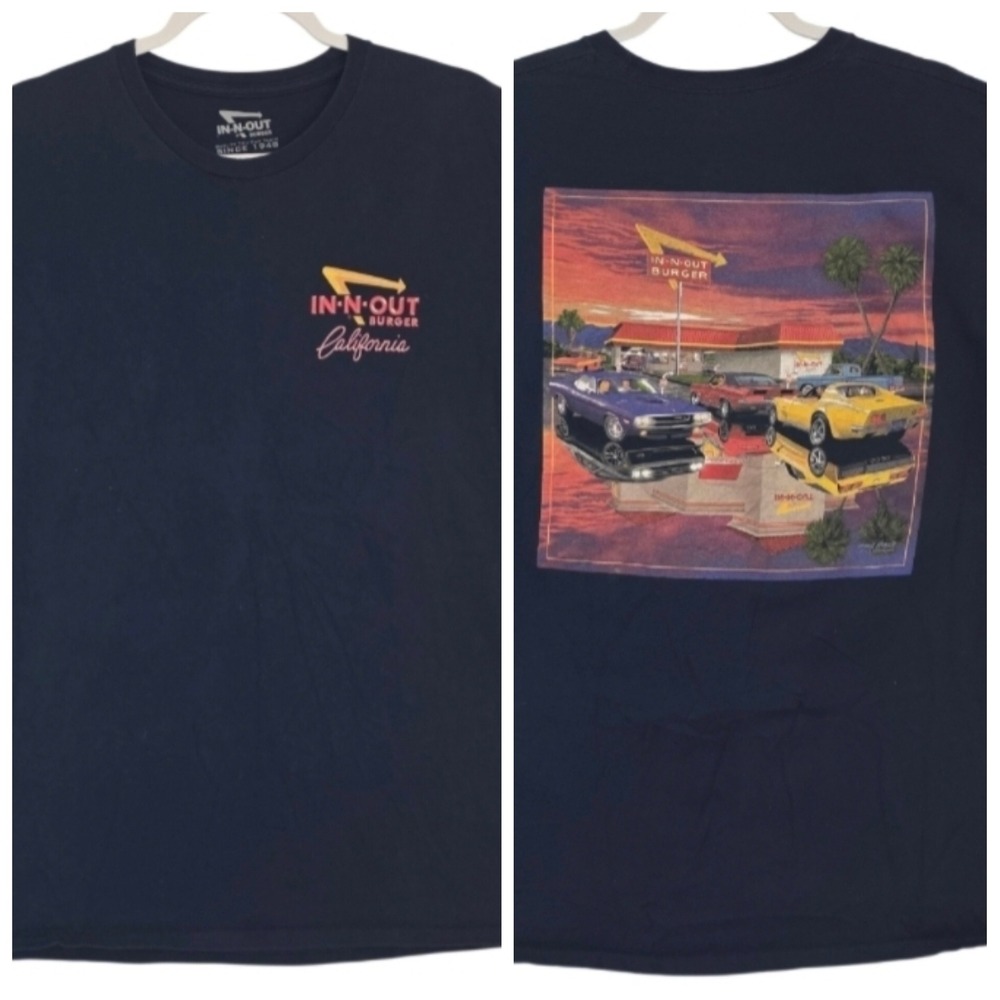 In-N-Out Burger 2016 California Graphic T-Shirt Navy Blue Muscle Cars XL Unisex